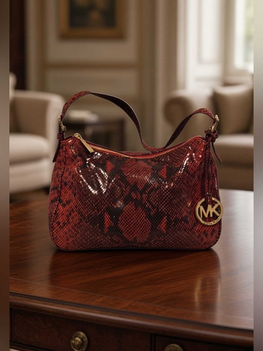 MICHAEL Michael Kors Red Snakeskin-Effect Shoulder Hobo with Gold-Tone MK Charm